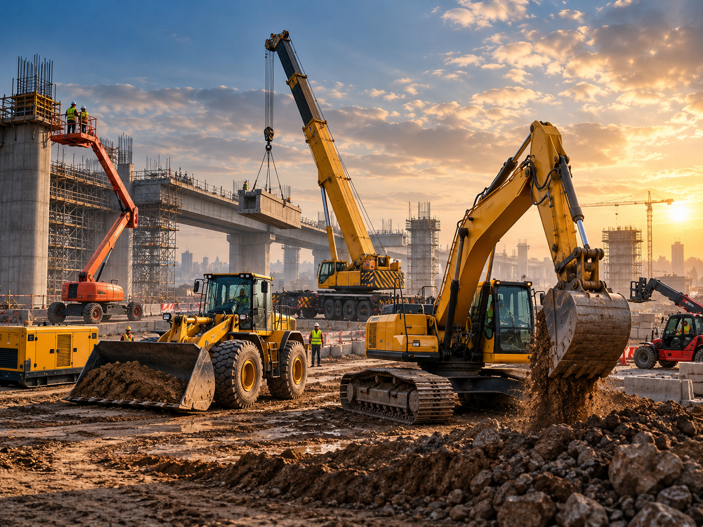 Heavy construction equipment at an infrastructure project