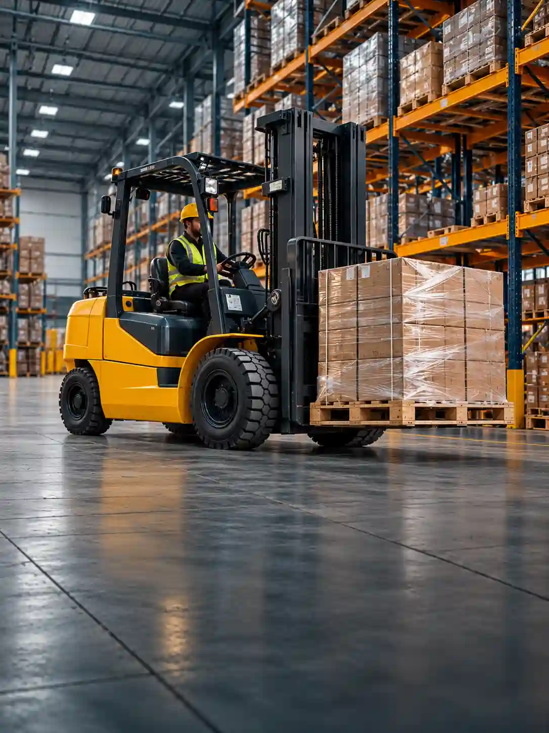 Forklift in an industrial warehouse
